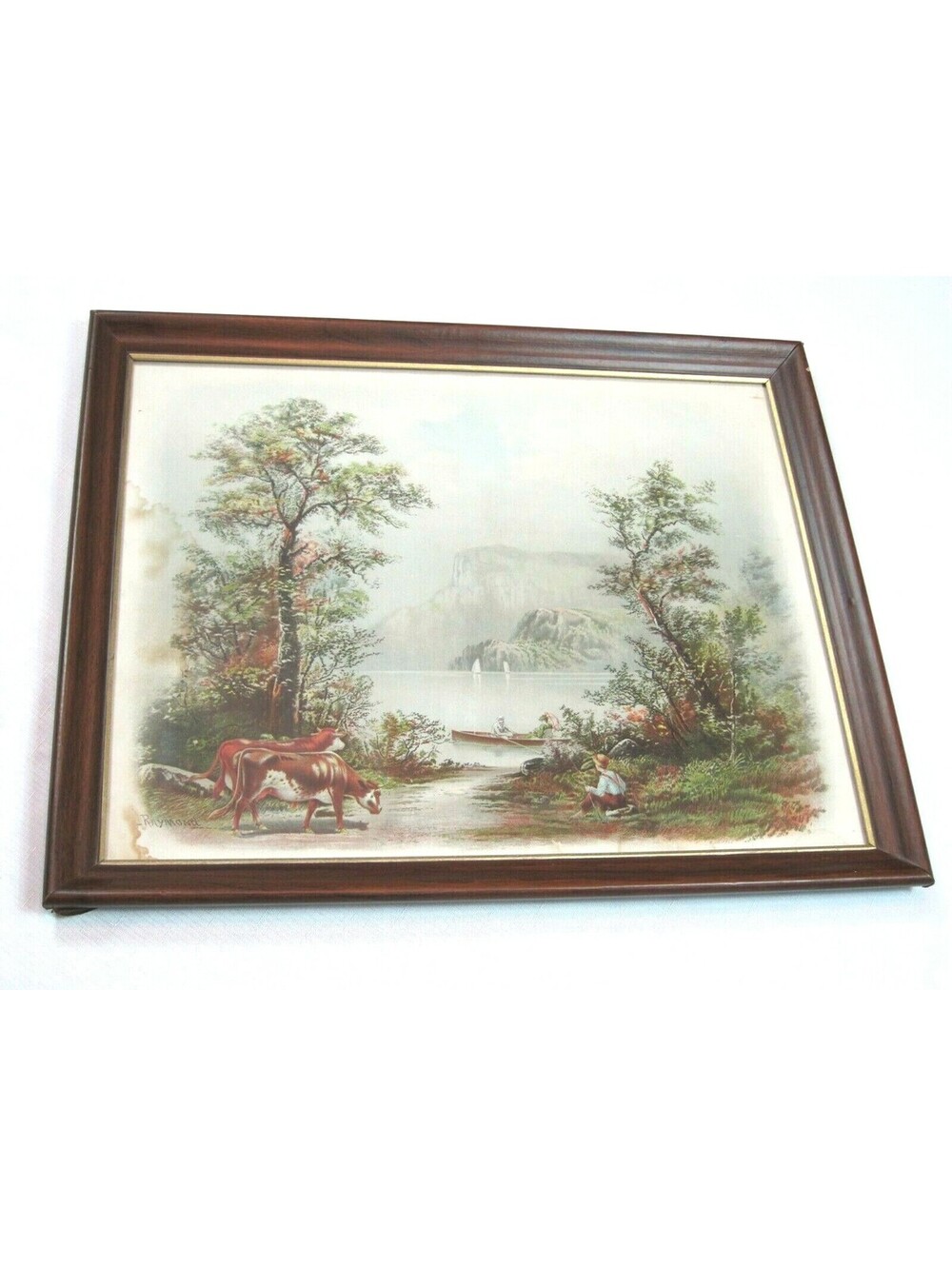 Antique RAYMOND Litho Art Print Country Lake Mountain Cattle Boat 22x18 Framed